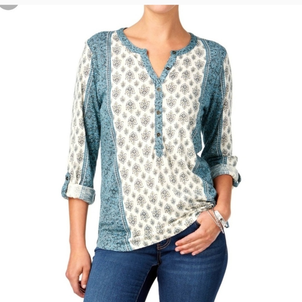 Mixed print henley shirt